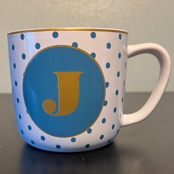 Letter J Monogram Initial Stoneware Mug ~ Teal Polka Dots & Metallic Gold Accent - Picture 2 of 8